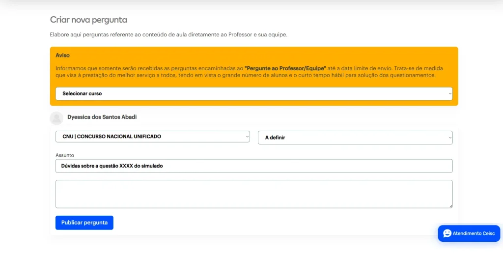 print do ambiente de pergunte ao professor na plataforma do Ceisc