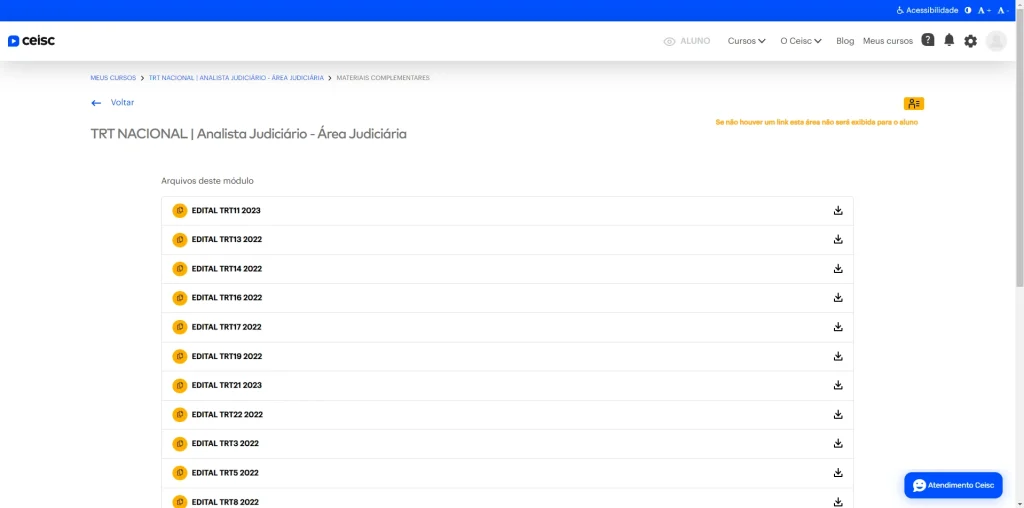 print do ambiente de materiais de apoio na plataforma do Ceisc
